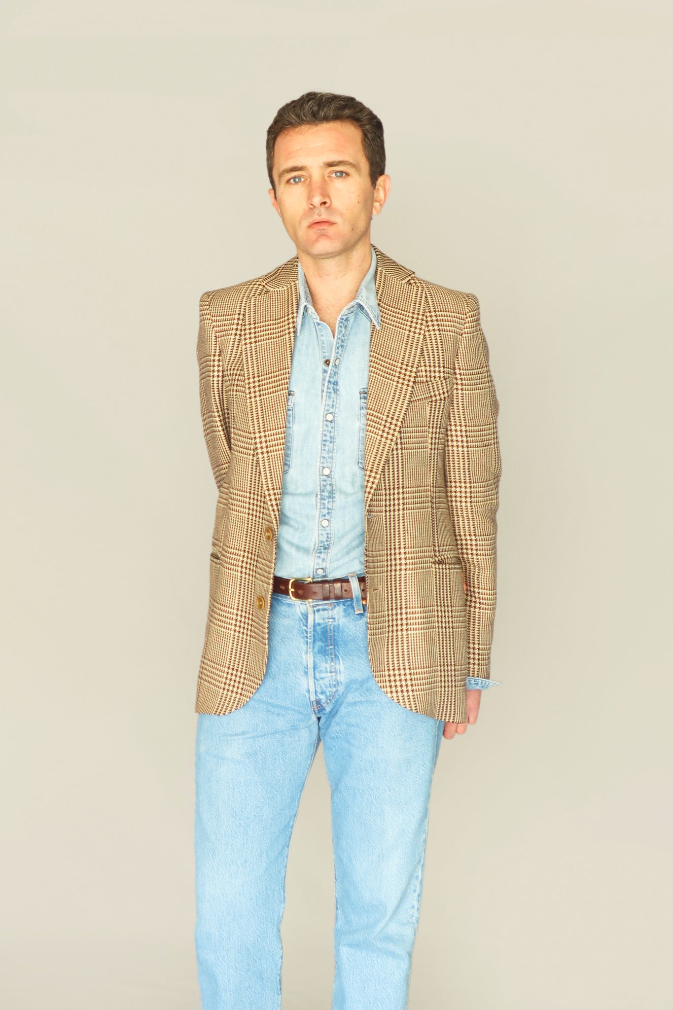 STRAIGHT COTTON / LINEN BLAZER - PRINCE OF WALES BROWN CHECKS