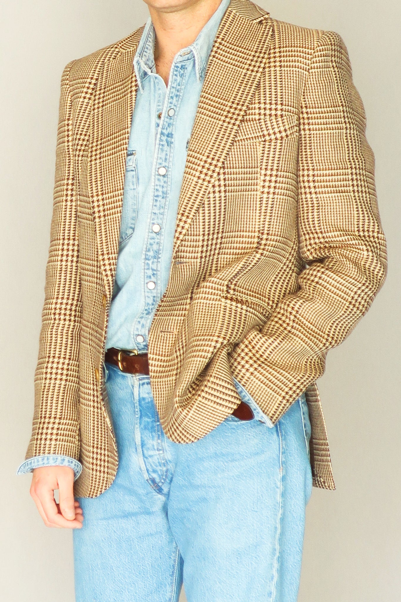 AMERICANA RECTA DE ALGODÓN / LINO - CUADROS PRINCIPE DE GALES MARRON