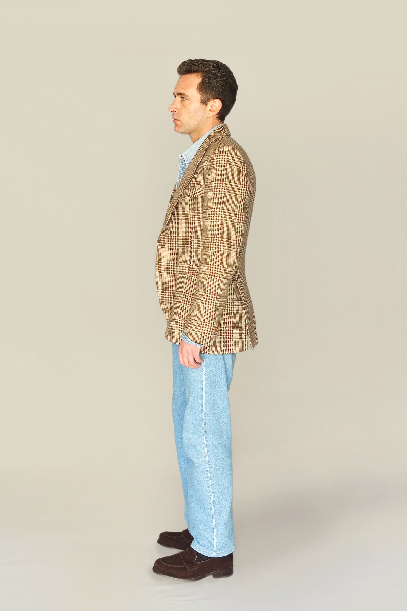 STRAIGHT COTTON / LINEN BLAZER - PRINCE OF WALES BROWN CHECKS