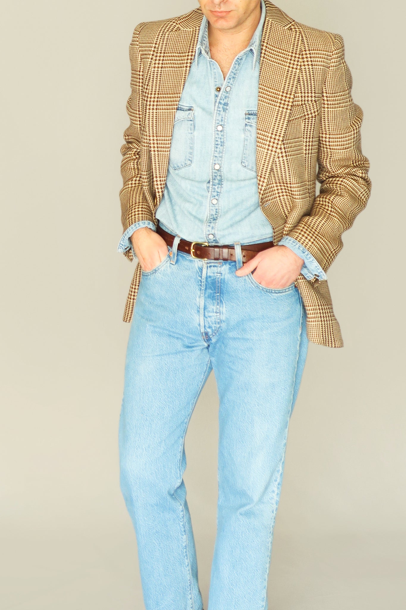 STRAIGHT COTTON / LINEN BLAZER - PRINCE OF WALES BROWN CHECKS