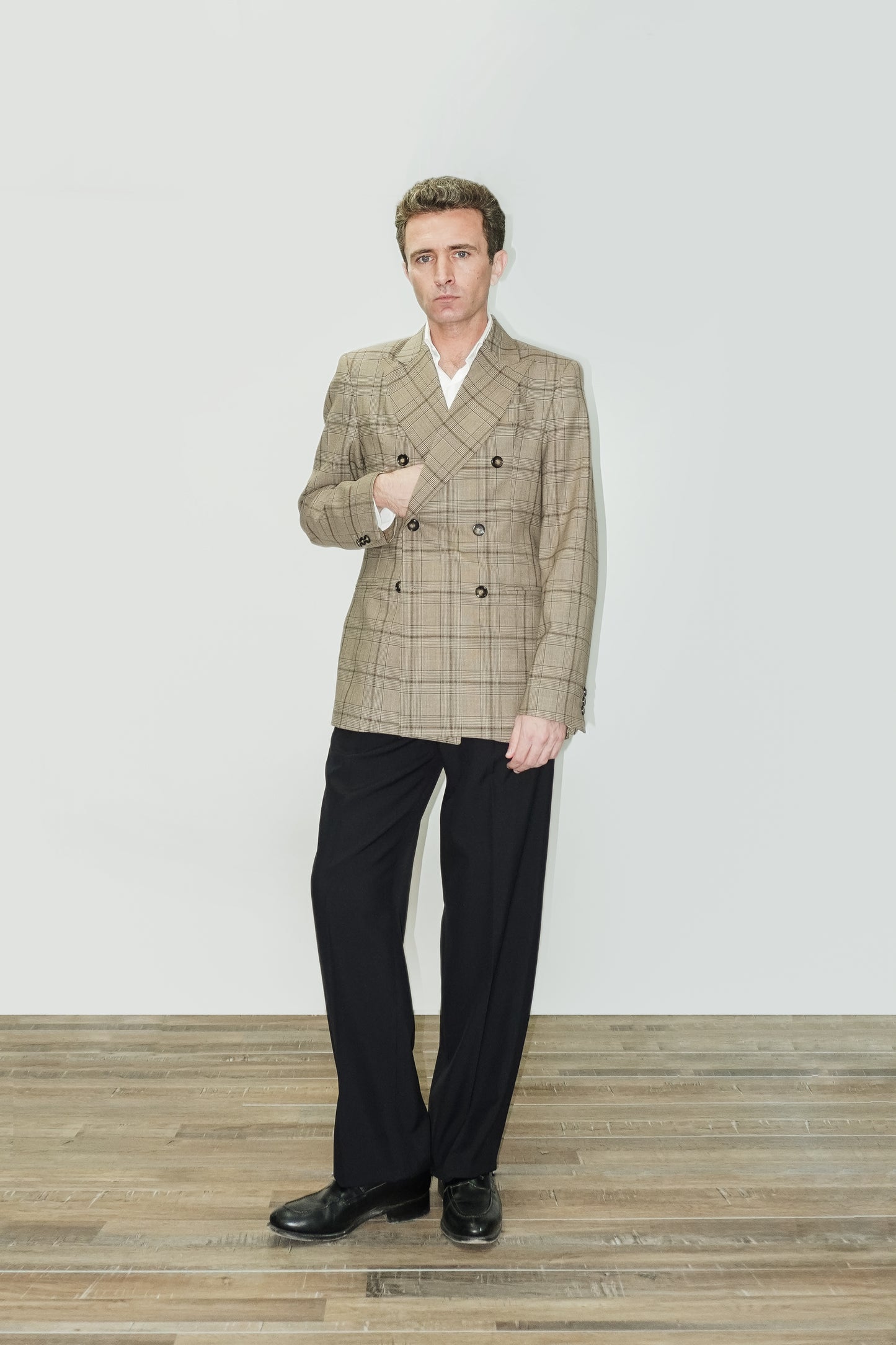 WOOL CROSSED BLAZER - PRINCE OF WALES BROWN