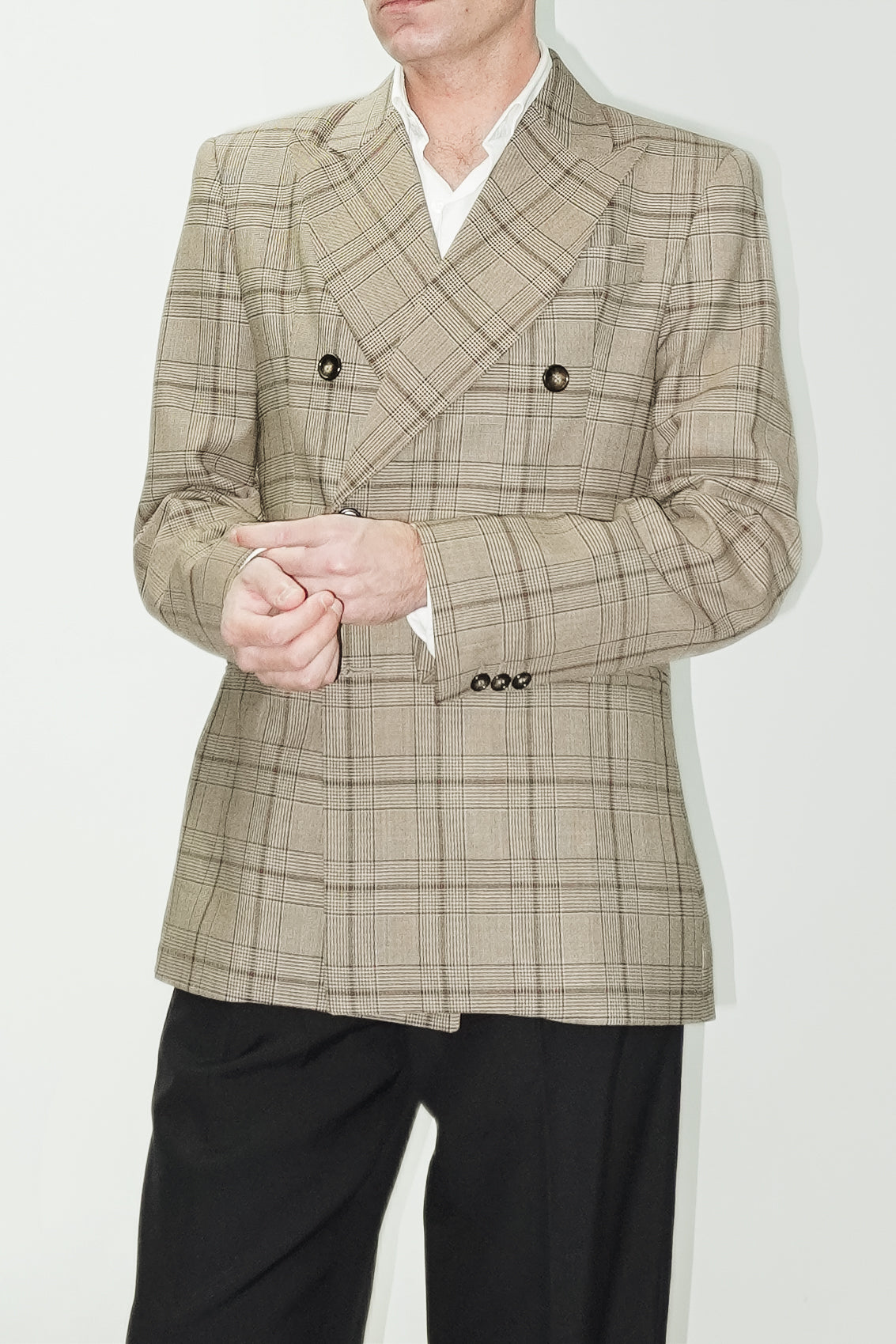 WOOL CROSSED BLAZER - PRINCE OF WALES BROWN