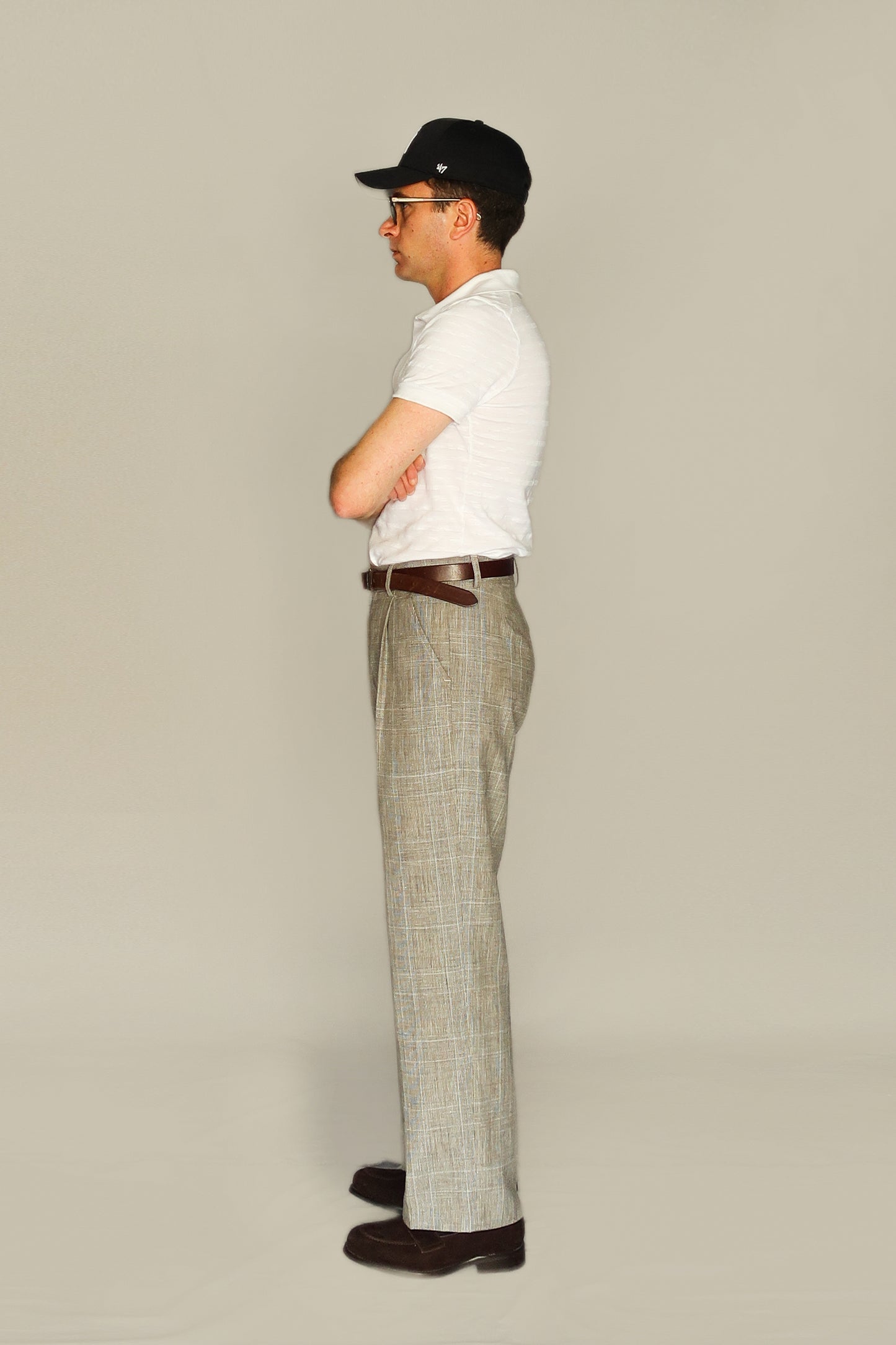 HIGH WAIST CHECKED PANTS - COTTON/LINEN BEIGE AND GRAY