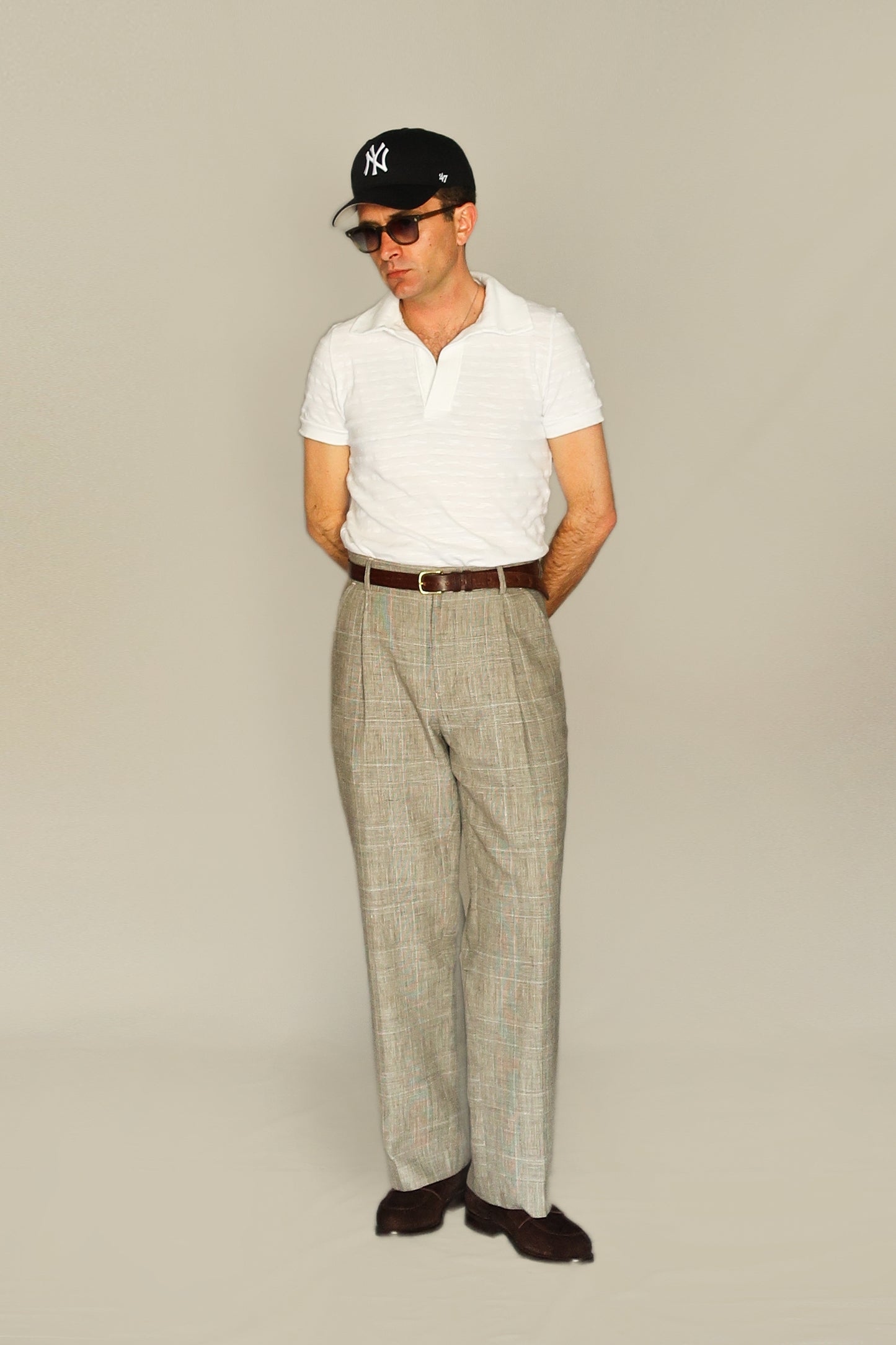 HIGH WAIST CHECKED PANTS - COTTON/LINEN BEIGE AND GRAY